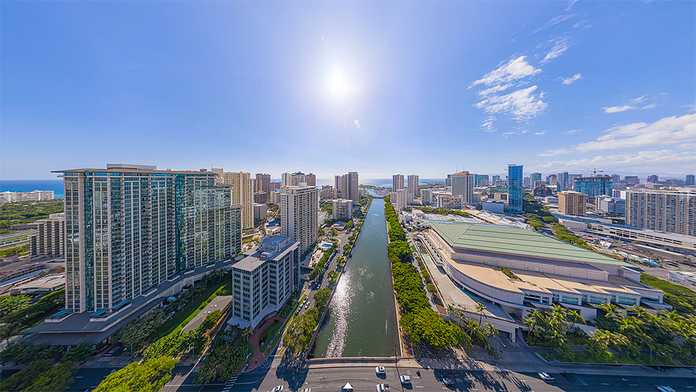Ala Wai Canal, Waikiki Aerial Panorama. Click to Enter