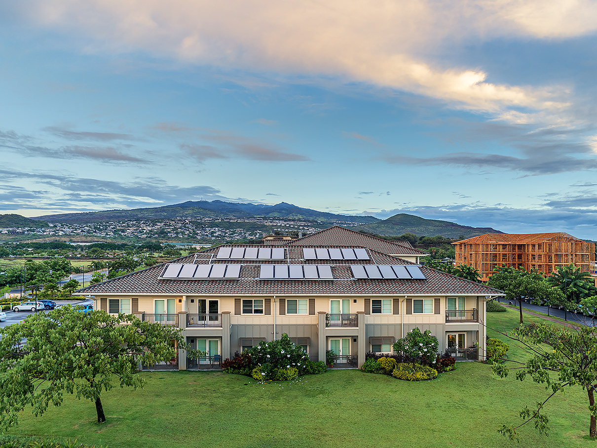 Hawaii senior living community exterior at sunset – architectural photography