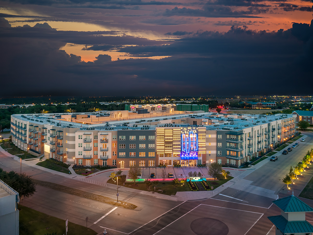 Aerial View of Class A multifamily development at dusk