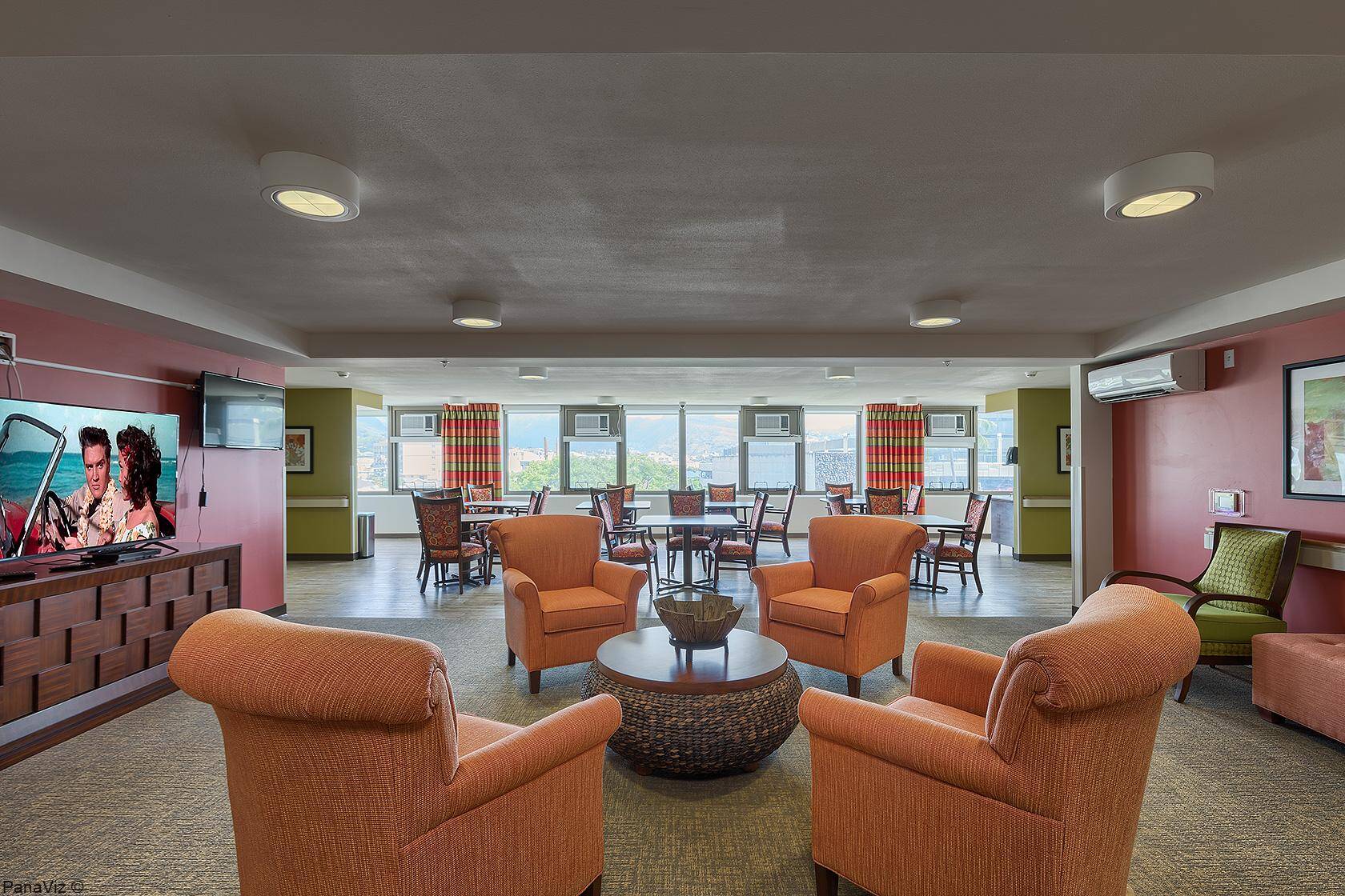 Light‑filled dining room designed for resident comfort and social connection